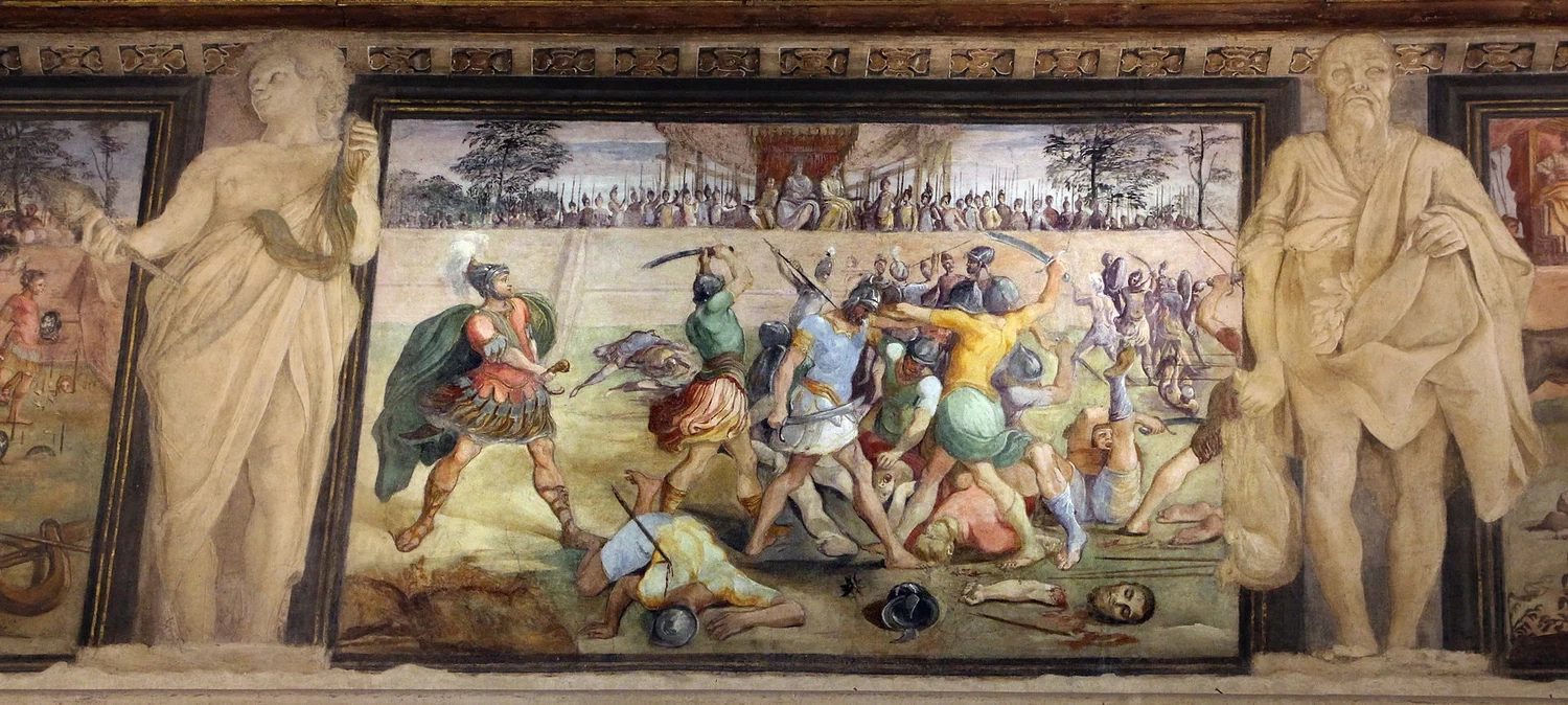 Fregio di Giasone e Medea - giasone fa lottare i guerrieri nati dai denti di drago